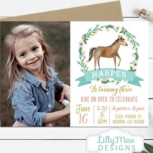 Horse Birthday Invitation, Horse Photo Invitation, Farm Birthday, Cowgirl Birthday Invitation, With Photo, spirit invitation, Pony Invite
