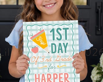 1st Day of School Printable Sign, Girl's Back to School Personalized Photo Prop Sign, Bright Colors