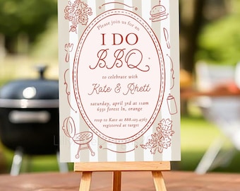 Invito "I Do BBQ", invito per festa barbecue, barbecue misto in giardino, invito per festa barbecue, invito per festa barbecue disegnato a mano, stile Coquette