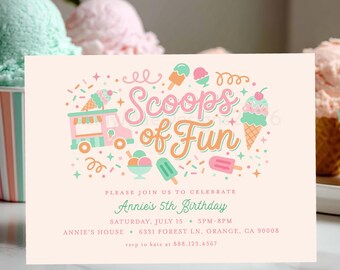 Ice Cream Party Invitation for Girls, Scoops of Fun Birthday Invite, Green and Pink Summer Party Invitation, Printable Ice Cream Truck Party