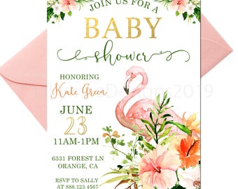 Flamingo Baby Shower Invitation, Tropical Baby Shower, Botanical Baby Shower, Baby Girl Shower, Summer Baby Girl Shower, Flamingo Baby Girl