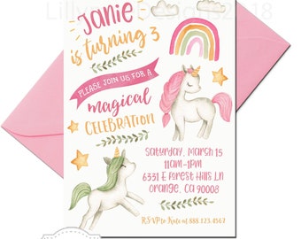 Invitación Unicornio, Fiesta Unicornio, Cumpleaños Unicornio, Invitación Pony, Invitación Unicornio Acuarela, Cumpleaños de Niña, UnicornIo Arco Iris