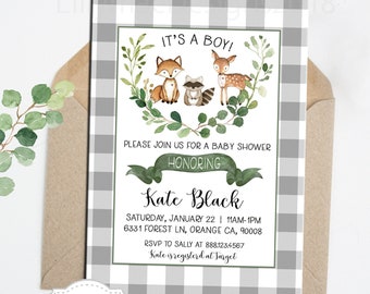 Woodland Baby Shower Invitation, Baby Boy Shower Invitation, Buffalo Check Baby Boy Shower, Woodland Baby Shower Invitation Boy