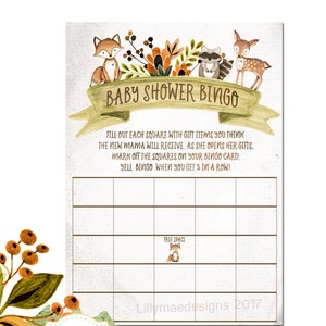 Bingo para baby shower, Bingo del Bosque, Bingo para baby shower de otoño, Juegos de bingo imprimibles, Juegos de baby shower del Bosque, Juego de bingo digital, zorro