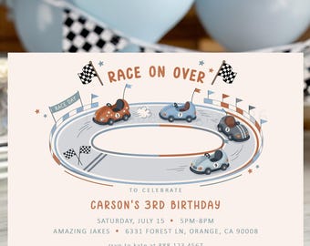 Race Car Birthday Party Invitation, Bumper Car Boy's Party Invite, Amusement Park Birthday Invite with muted colors, Race on Over