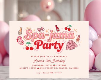 Spa-Jama Party Invitation, Girls Sleepover Spa Party Invite, Cherry Theme Pajama Party Invitation, Pink Slumber Party Birthday Invite