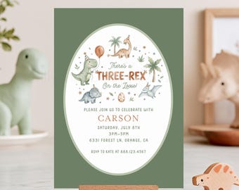 Three-Rex Dinosaur Birthday Invitation, Neutral Dinosaur Party Invite, Boy's Third Birthday Party Invite, T-Rex Party