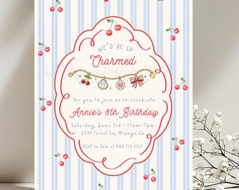 Charm Bracelet Birthday Invitation, Cute Charm Party Printable, Cherry Theme Girl's Arts and Crafts Party Invite, Blue Stripes Cherry Theme
