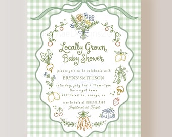 Locally Grown Baby Shower Invitation, Green Plaid Farmers Market Baby Shower Invite, Little Sprout Baby Shower, Farm Fresh Baby Shower