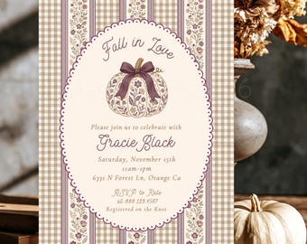 Fall in Love Bridal Shower Invitation, Floral Pumpkin with Bow, Autumn Bridal Shower Invite, Plum Fall Wedding Shower, Gingham Shower