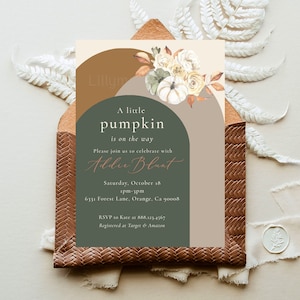 Fall Baby Boy Shower Invitation, Gender Neutral Fall Baby Shower, Little Pumpkin Baby Shower, Brown and Green Baby Boy Shower