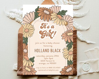 May include: A baby shower invitation featuring a floral design. The invitation reads "It's a Girl!" and includes the name "Holland Black", the date "Saturday, January 29th", the time "1pm-3pm", the address "6331 Forest In, Orange, CA 90001", the RSVP number "888.123.4567", and the website "babylist.com".