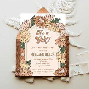 May include: A baby shower invitation with a floral design. The invitation says "It's a Girl!" and includes the name "Holland Black", the date "Saturday, January 29th", the time "1pm-3pm", the address "6331 Forest In, Orange, CA 90001", the RSVP number "888.123.4567", and the website "babylist.com".