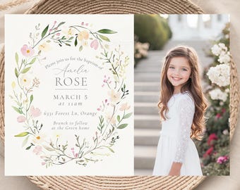 LDS Baptism Invitation for Girls, Floral Baptism Announcement, Watercolor Flowers Shabby Chic Baptism Invite, Custom Photo Baptism Card
