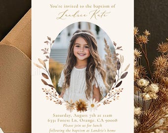 LDS Baptism Invitation for Girls, Floral Baptism Announcement, Fall Baptism Photo Invite, Printable Baptism Invite Customized by Designer