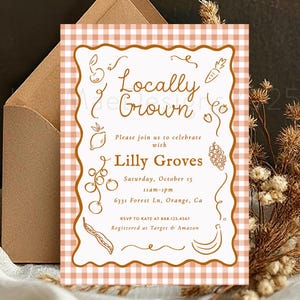 Locally Grown Baby Boy Shower Invitation, Brown Check Baby Shower Invite, Hand Drawn Farmers Market Invitation, Fall Baby Boy Shower Invite