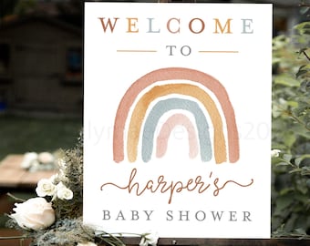 Rainbow Welcome Sign, Rainbow Baby Shower Welcome Poster, Earth Tones Rainbow, Boho Baby Shower Welcome Sign, Printable Baby Girl Welcome