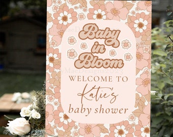 Retro Baby Shower Welcome Sign, Groovy Baby Girl Shower Welcome Sign, Baby In Bloom, 70's Theme Welcome Sign with Retro Flowers