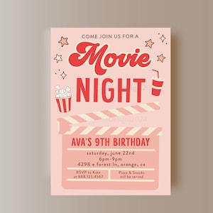 Movie Night Birthday Party Invitation, Girl&#39;s Birthday Invitation, Movie Party, Pink Movie Night Invite, Movie Sleepover Invitation