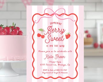Berry Sweet Baby Girl Shower Invitation, Pink Stripe Cherry & Strawberry Theme, Cute Summer Fruit Invite, Printable