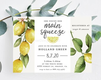 Lemon Bridal Shower Invitation, She Found Her Main Squeeze Invitation, Citrus Bridal Shower Invitation, Lemon Shower Invitation, Printable