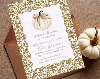 Little Pumpkin Baby Girl Shower Invitation, Watercolor Pumpkin with Bow Shower Invite, Neutral Fall Baby Shower Invitation, Toile Pattern