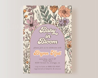 Wildflower Baby Shower Invitation, Baby In Bloom Baby Girl Shower Invitation, Lavender Baby Shower, Retro Baby Girl Shower Invite