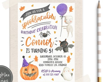 May include: Halloween-themed birthday invitation with the text "Join us for a spooktacular birthday celebration." The invitation features a pumpkin, bat, mummy, ghost, and a purple balloon. The invitation is for Connor, who is turning 5.