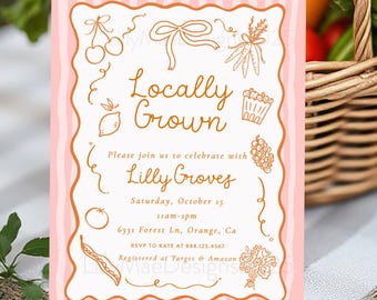 Locally Grown Baby Girl Shower Invitation, Farmers Market Invitation, Hand Drawn Baby Shower Invite, Pink Stripes, Bow Baby Shower