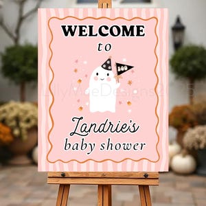 Placa de boas-vindas Little Boo, Placa de boas-vindas para chá de bebê fantasma, Placa de boas-vindas rosa para Halloween, Placa para chá de bebê de Halloween para impressão com fantasma fofo