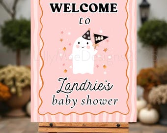 Letrero de bienvenida de Little Boo, letrero de bienvenida para baby shower de fantasmas, letrero de bienvenida rosa para Halloween, letrero imprimible para baby shower de Halloween con un lindo fantasma.