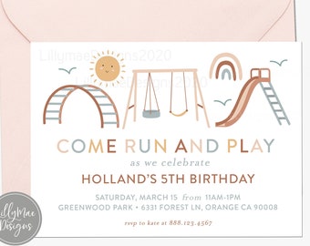 Park Party Invitation, Playground Invitation, Outdoor Party Invitation, Childrens Outdoor Party, Party in the Park, Neutral Colors, Digital