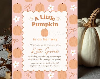 Little Pumpkin Baby Girl Shower Invitation, Fall Baby Shower Invitation Hand drawn, Daisy Baby Shower, Coquette Bow Baby Shower Invite