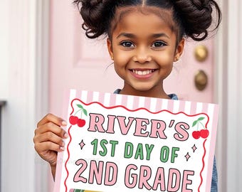 Printable Girls Back to School Photo Prop, 1st Day of School Sign, Retro Cherries First Day of School Sign, Pink Back to school sign