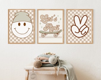 Boys Wall Art Prints, Retro Nursery Art, Checkered Skateboard Poster, Smiley Face Wall Art, Neutral Boy's Room Decor, Peace Sign Printable