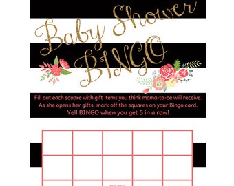 Baby Shower Bingo - Black Stripe Gold Glitter - Digital File - Baby shower games