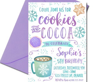 Cookies and Cocoa Invitation, Hot Cocoa Invitation, Hot Chocolate, Winter Birthday Invitation, Snowflakes, watercolor, cookie party, digital