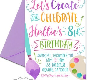 Invitación a fiesta de arte, invitación a fiesta de pintura, invitación a fiesta de artes y manualidades, invitación a fiesta de arte con acuarela, invitación a fiesta de manualidades