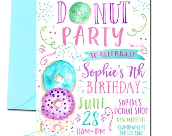 Donut Party Invitation, Donut Invitation, Donut Birthday, Girl's Donut Party, Girl's Birthday Invitation, Doughnut Invitation, watercolor