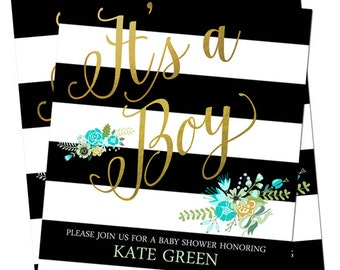 Baby Boy Shower Invitation, black and gold baby shower incitation, Black stripes, Gold Foil, mint, turquoise, Boy baby shower, digital