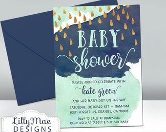 Baby Boy Shower Invitation, Raindrop Baby Shower Invitation, Mint and Gold Baby Shower, Navy Blue Baby Shower, Boy's Baby Shower Invitation