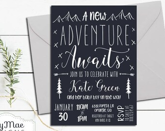 Adventure Awaits Baby Shower Invitation, Adventure Baby Shower, Baby Boy Shower Invitation, Camping Baby Boy Shower, Rustic Baby Shower Boy