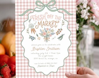 Fresh Off the Market Bridal Shower Invitation, Gingham Farmers Market Wedding Shower Invite, Cottage Chic Floral Bouquet, Pink and Green