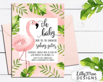 Flamingo Baby Shower Invitation, Tropical Baby Shower, Botanical Baby Shower, Flamingo Invitation, Green leaves, Baby Girl Shower, printable