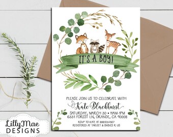 Woodland Baby Shower Invitation, Greenery Baby Shower, Baby Boy Shower, Eucalyptus Shower Invitation, Green Wreath, Rustic Baby Shower