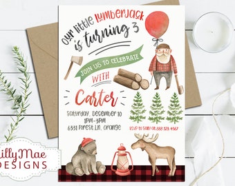May include: A birthday invitation for a 3-year-old boy with a lumberjack theme. The invitation features a cartoon lumberjack with a red balloon, a bear, a moose, and a lantern. The text on the invitation reads "Our little lumberjack is turning 3" and "Join us to celebrate with Carter".