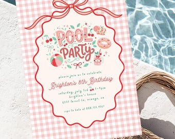 Girl's Pool Party Invitation, Cherry Theme Swim Birthday Invite, Summer Tween Party Invitation, Printable Cherry Invitation