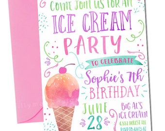 Ice Cream Party Invitation, Ice Cream Birthday Invitation, Watercolor Ice Cream Invitation, Icecream Party, Ice Cream Invitation, Digital