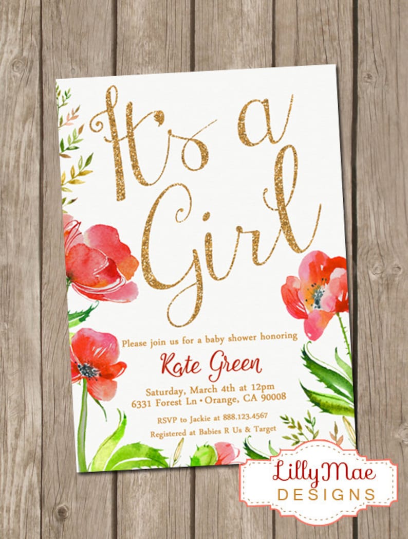 Watercolor Poppies Baby Girl Shower Invitation Red Poppy Etsy