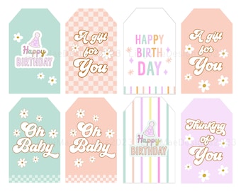 Birthday Gift Tags, Daisy Baby Shower Gift Tags, Assorted Printable Gift Tags, Retro Birthday Tags, Instant Download Printable Present Tags